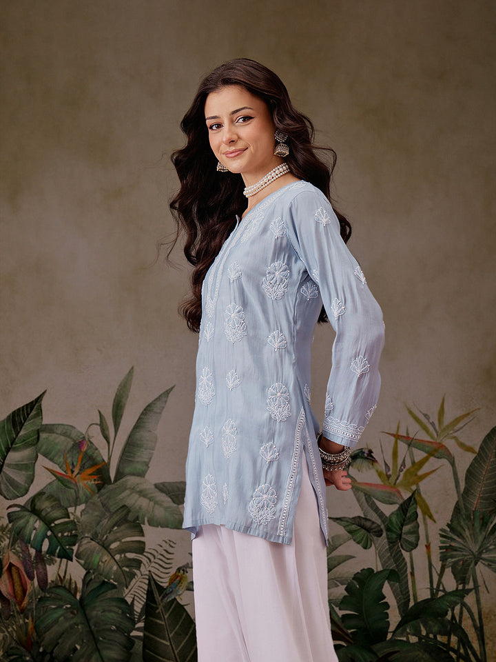 Blue-Chanderi-Lucknowi-Chikankari-Short-Kurta-ONLY