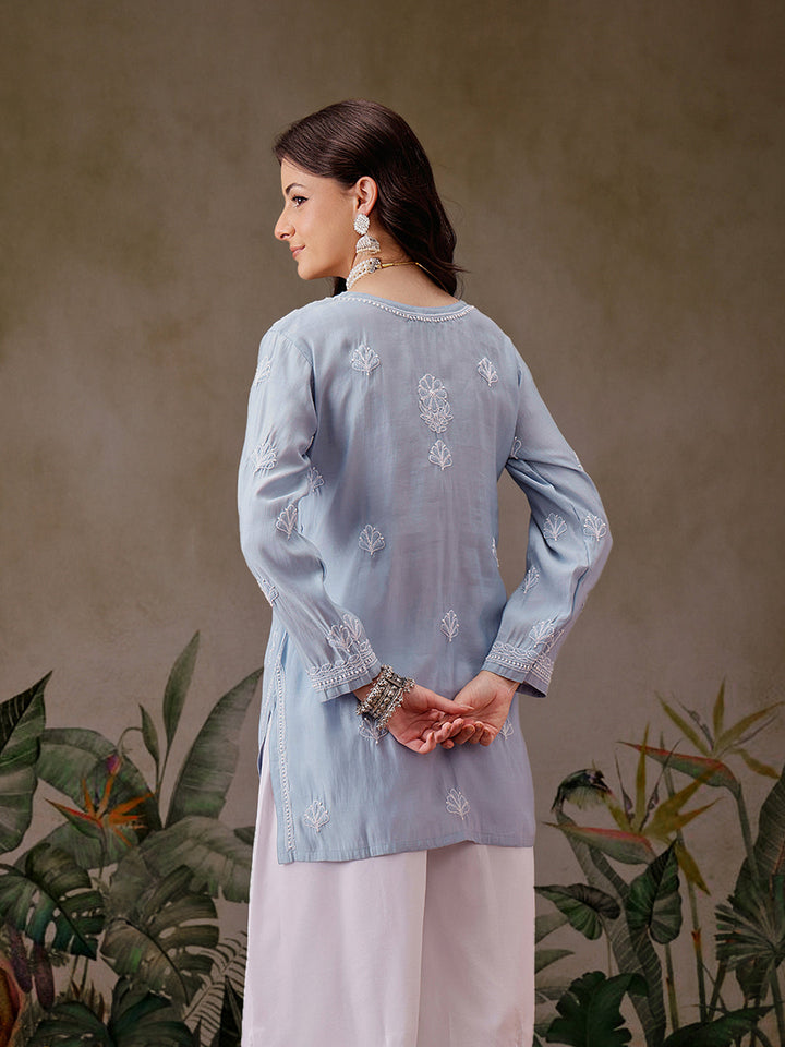 Blue-Chanderi-Lucknowi-Chikankari-Short-Kurta-ONLY