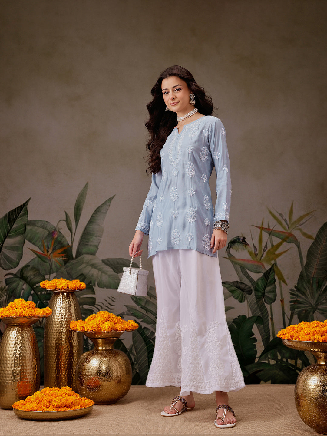 Blue-Chanderi-Lucknowi-Chikankari-Short-Kurta-ONLY
