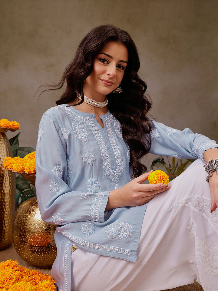 Blue-Chanderi-Lucknowi-Chikankari-Short-Kurta-ONLY
