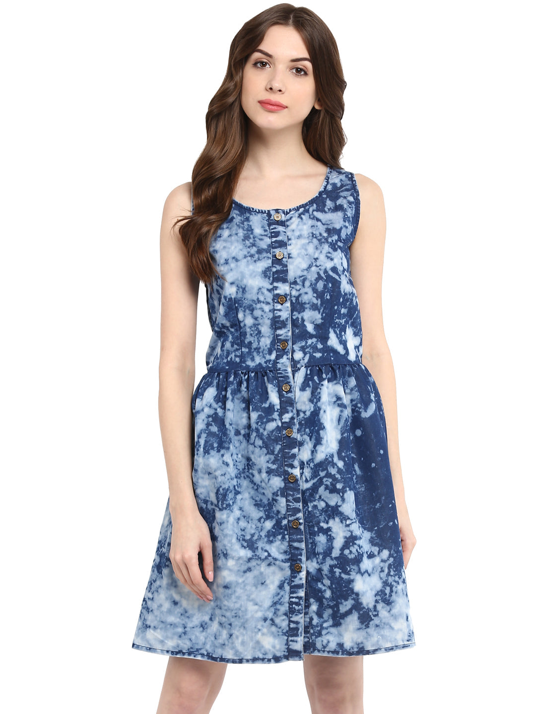 Blue-Cloud-Effect-Denim-Elasticated-Waistline-Mini-Dress