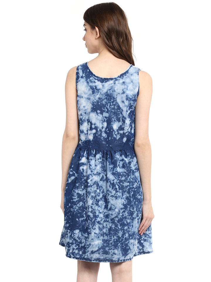 Blue-Cloud-Effect-Denim-Elasticated-Waistline-Mini-Dress