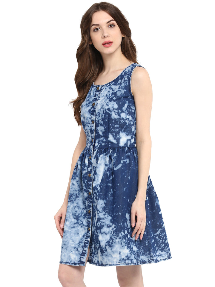 Blue-Cloud-Effect-Denim-Elasticated-Waistline-Mini-Dress