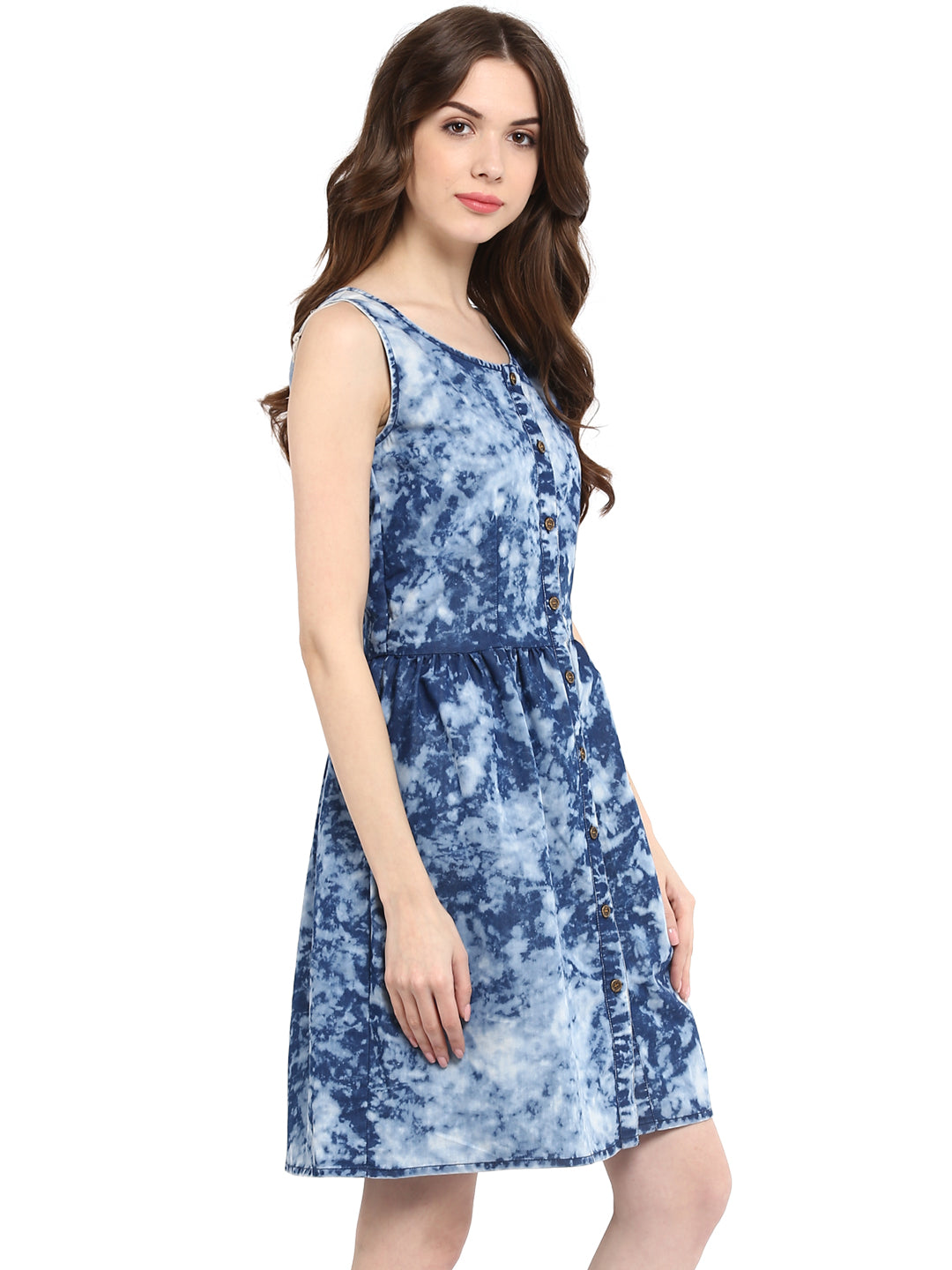 Blue-Cloud-Effect-Denim-Elasticated-Waistline-Mini-Dress