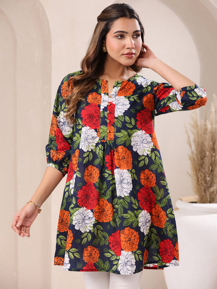 Blue Cotton All-Over Floral A-Line Tunic Only