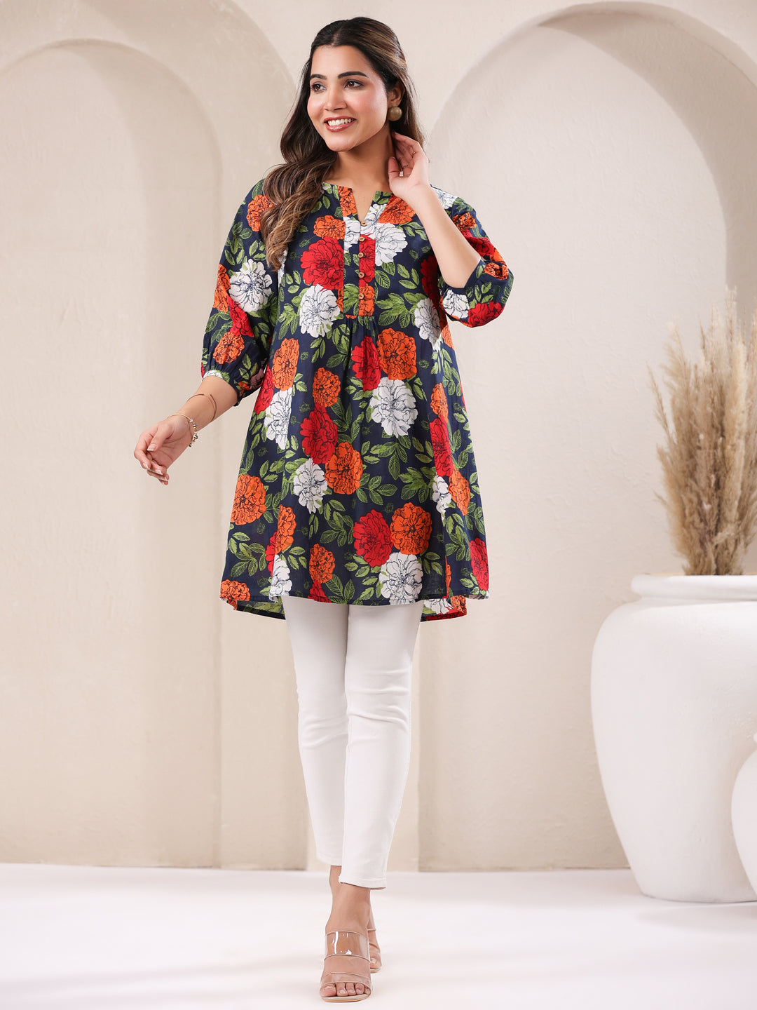 Blue Cotton All-Over Floral A-Line Tunic Only