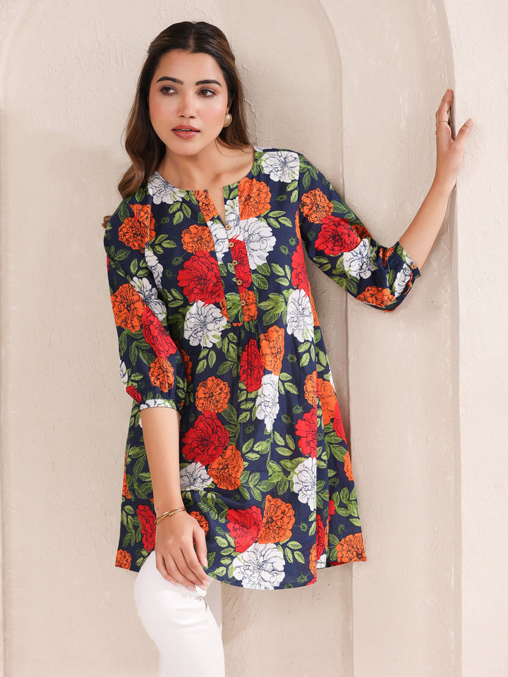 Blue Cotton All-Over Floral A-Line Tunic Only