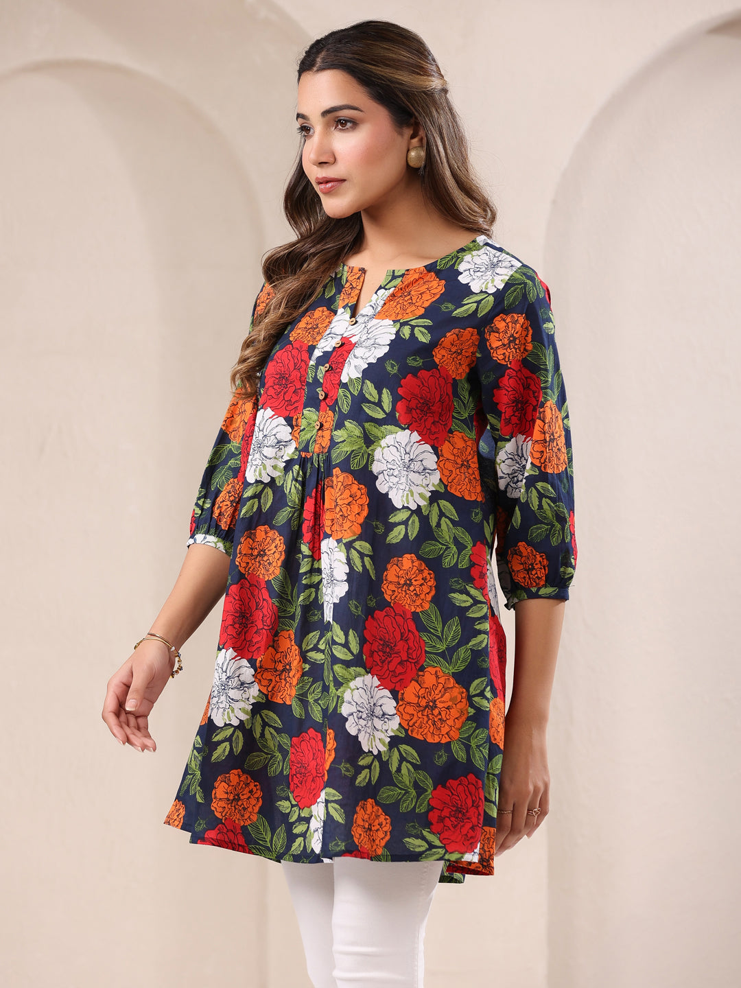 Blue Cotton All-Over Floral A-Line Tunic Only