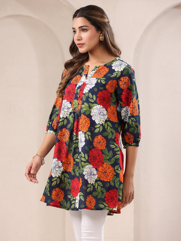 Blue Cotton All-Over Floral A-Line Tunic Only