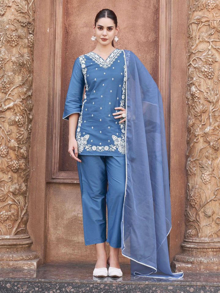 Blue-Cotton-Blend-with-White-Thread-Work-3-Piece-Kurta-Set