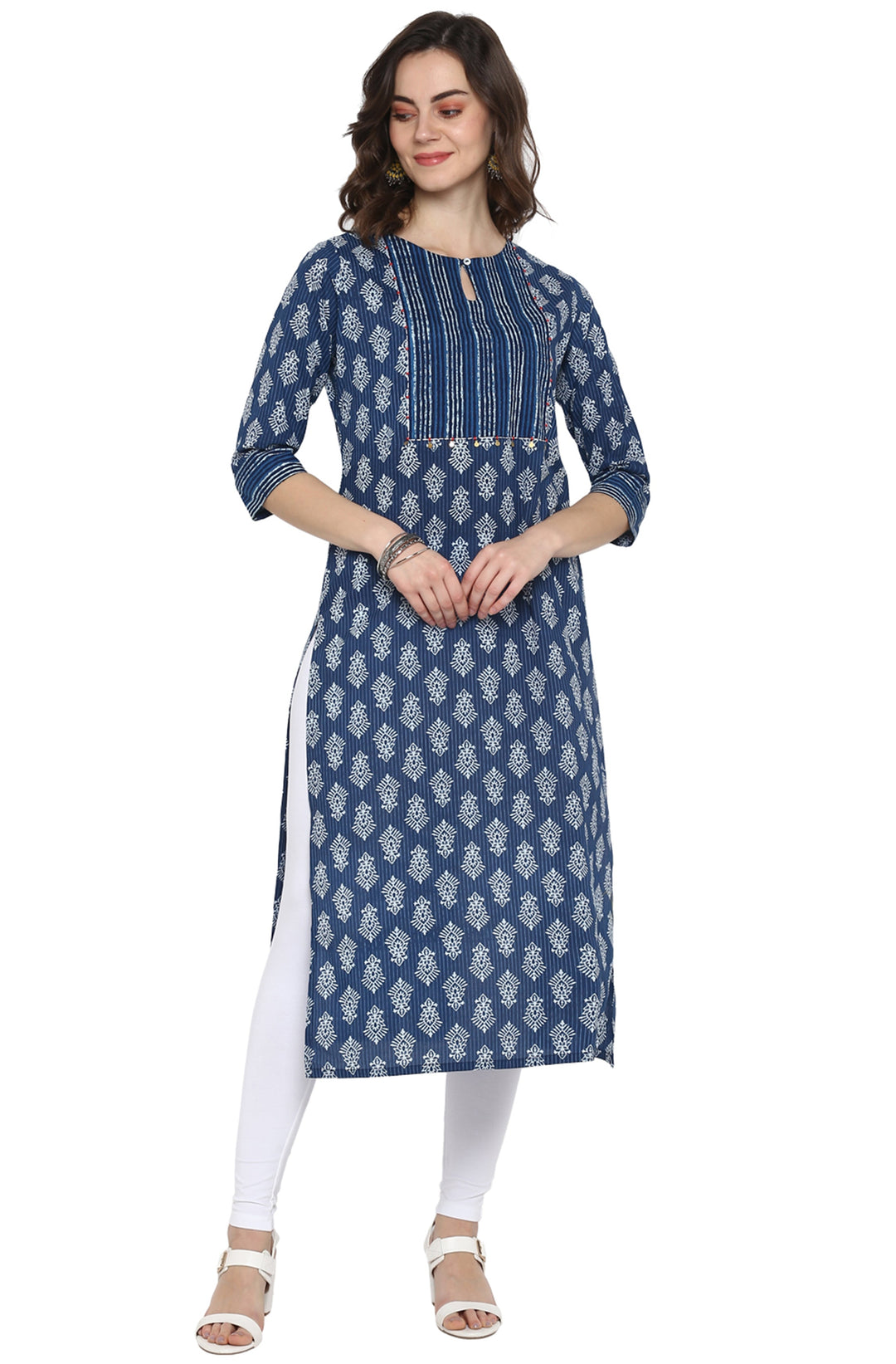 Blue Cotton Block Print Straight Kurta