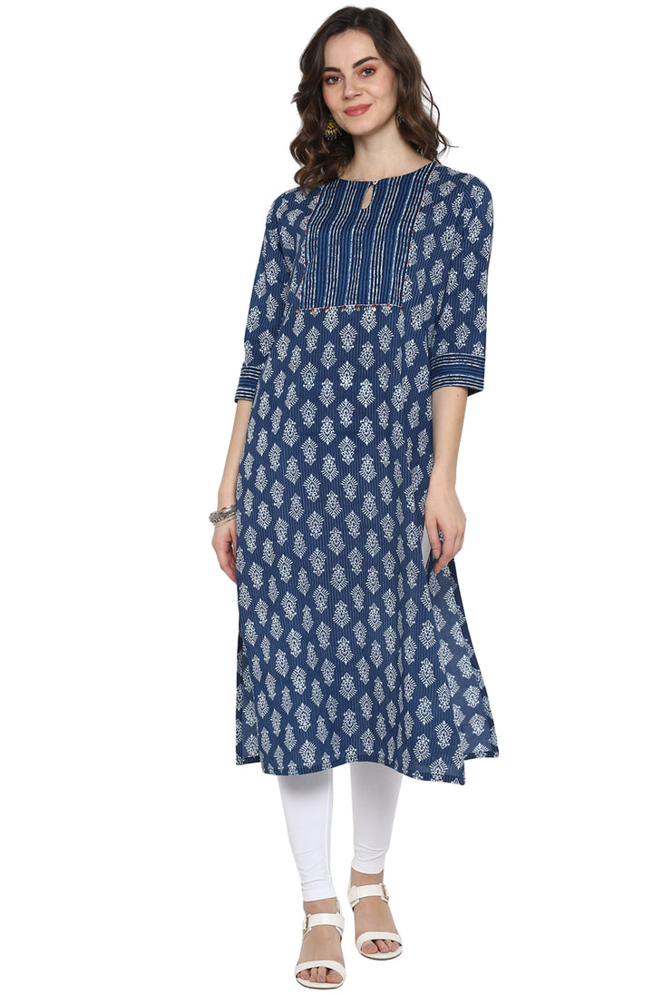 Blue Cotton Block Print Straight Kurta