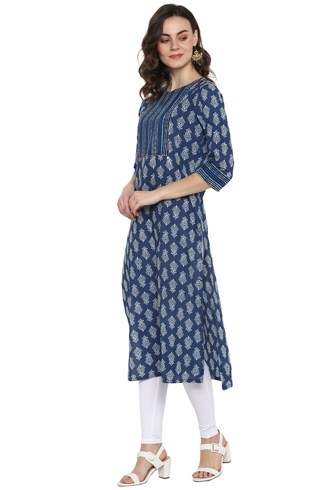 Blue Cotton Block Print Straight Kurta