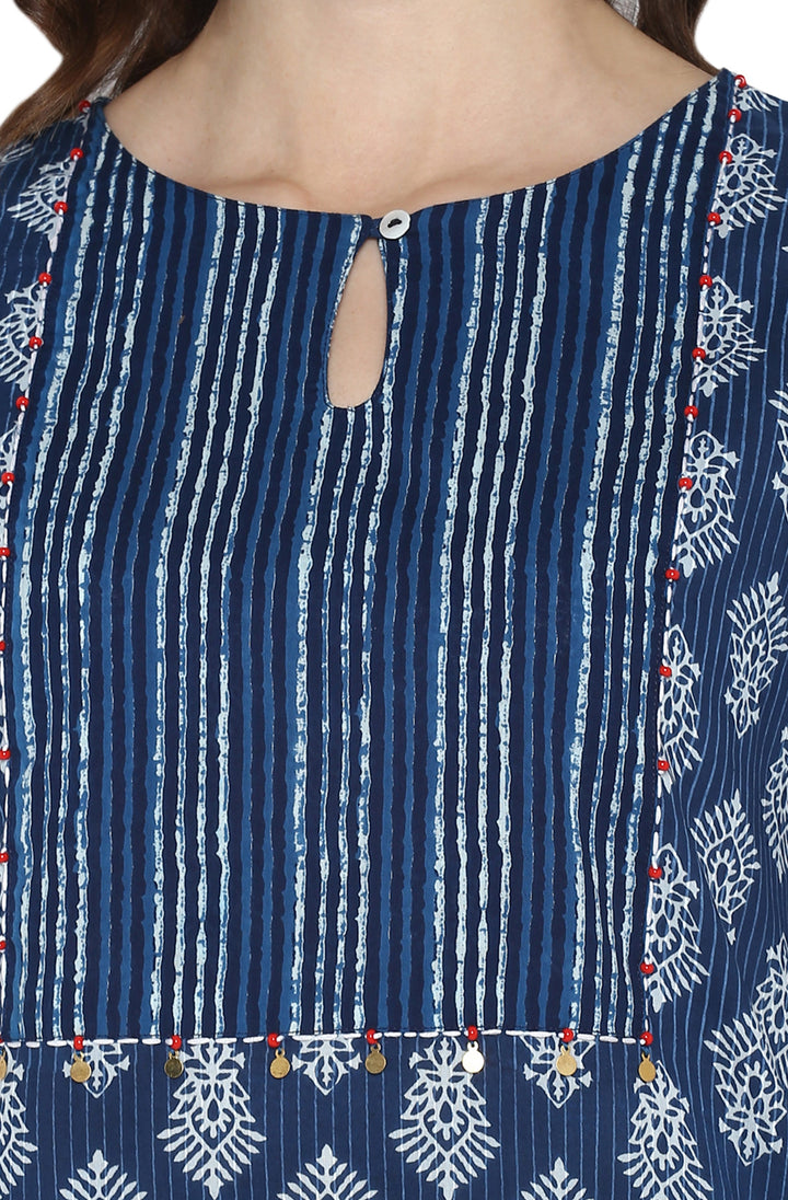 Blue Cotton Block Print Straight Kurta