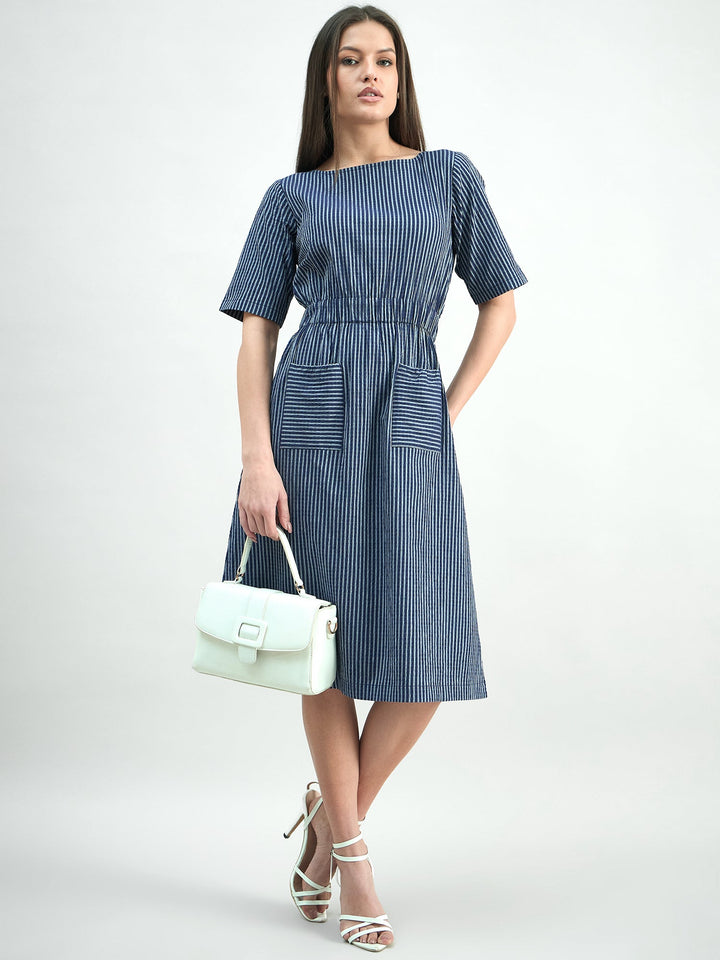 Blue-Cotton-Elasticated-Waist-Striped-Dress