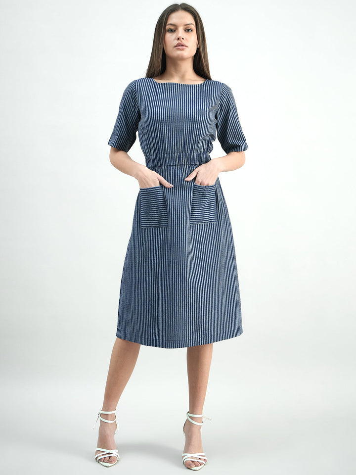 Blue-Cotton-Elasticated-Waist-Striped-Dress