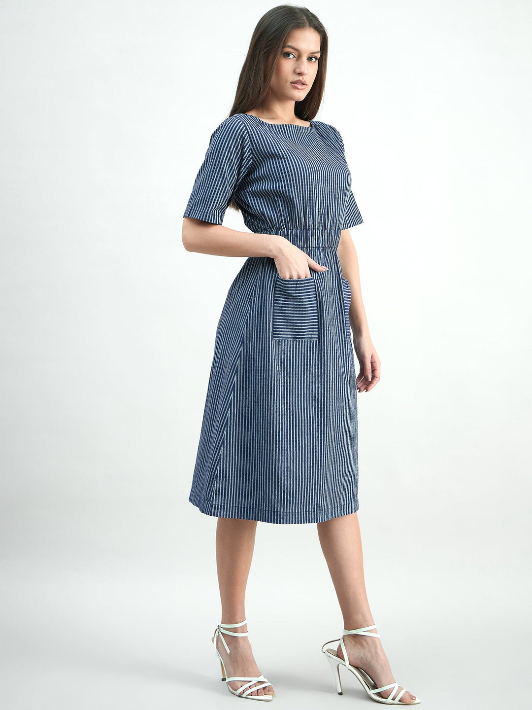 Blue-Cotton-Elasticated-Waist-Striped-Dress