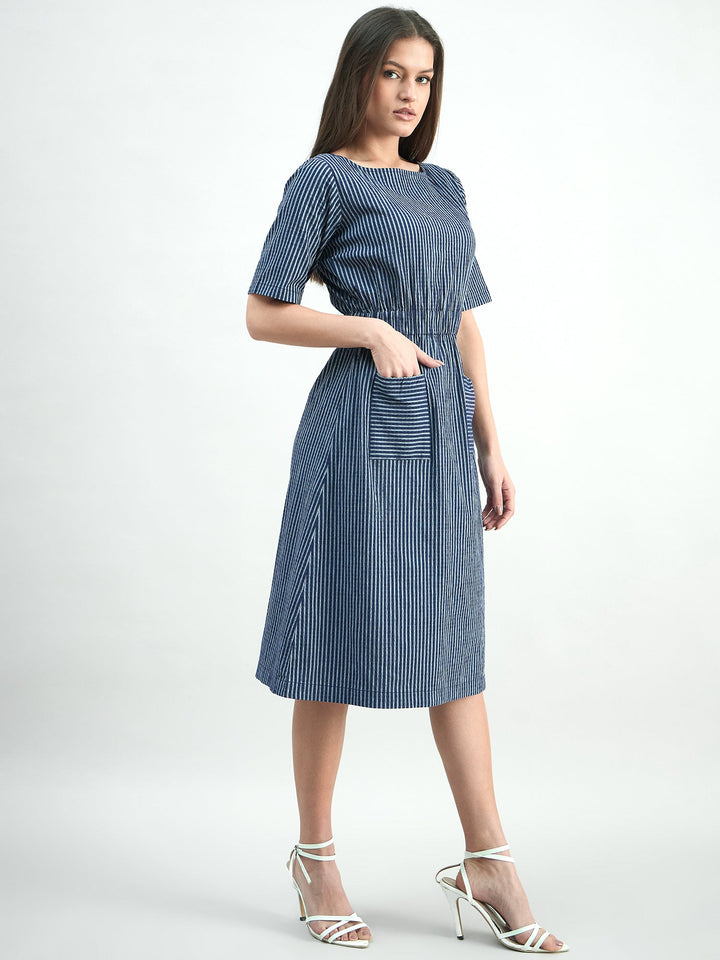 Blue-Cotton-Elasticated-Waist-Striped-Dress