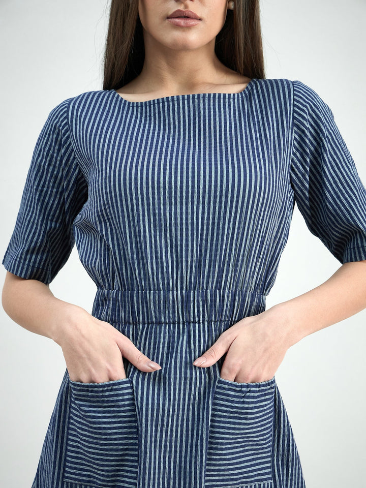 Blue-Cotton-Elasticated-Waist-Striped-Dress