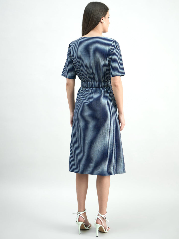 Blue-Cotton-Elasticated-Waist-Striped-Dress