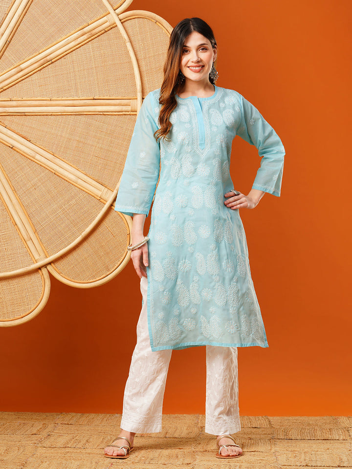 Light-Blue-Cotton-Embroidered-Chikankari-Kurta-Only