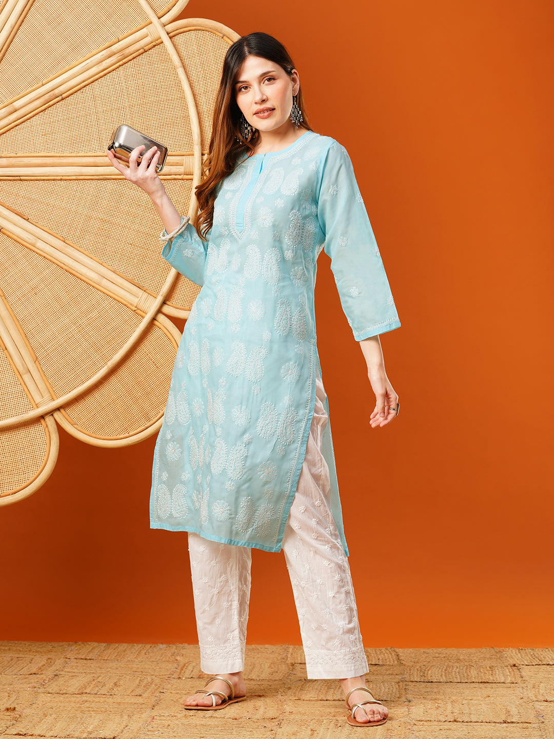 Light-Blue-Cotton-Embroidered-Chikankari-Kurta-Only
