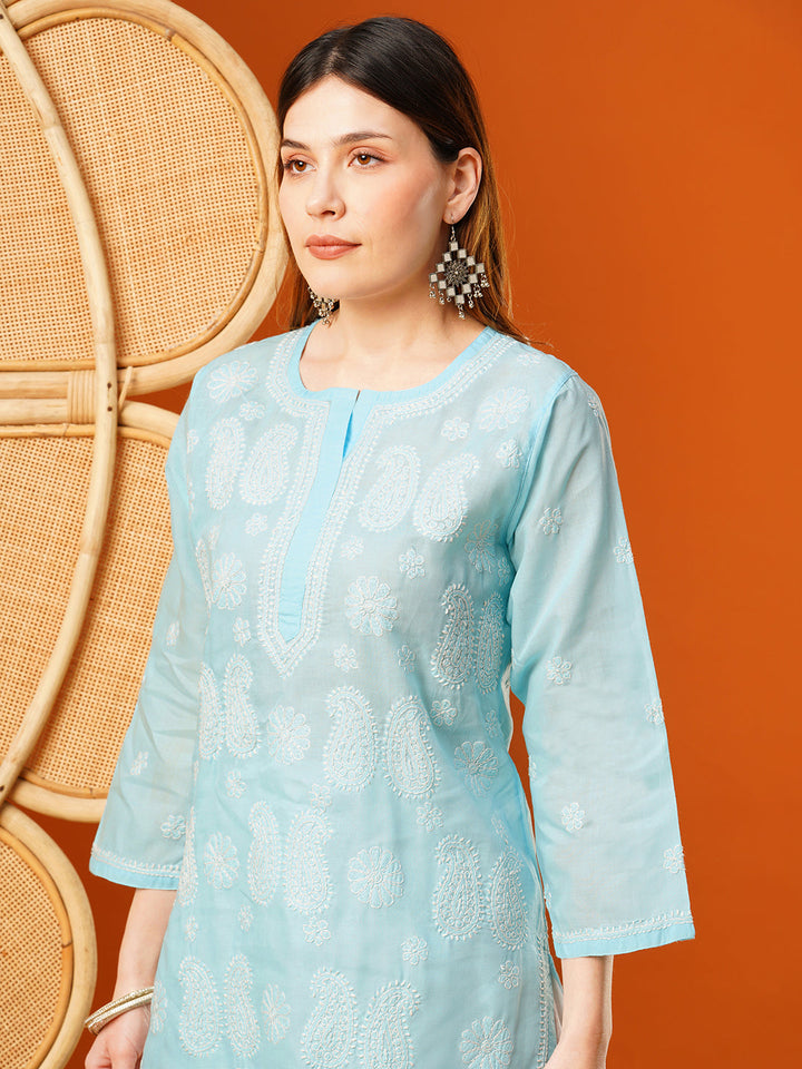 Light-Blue-Cotton-Embroidered-Chikankari-Kurta-Only