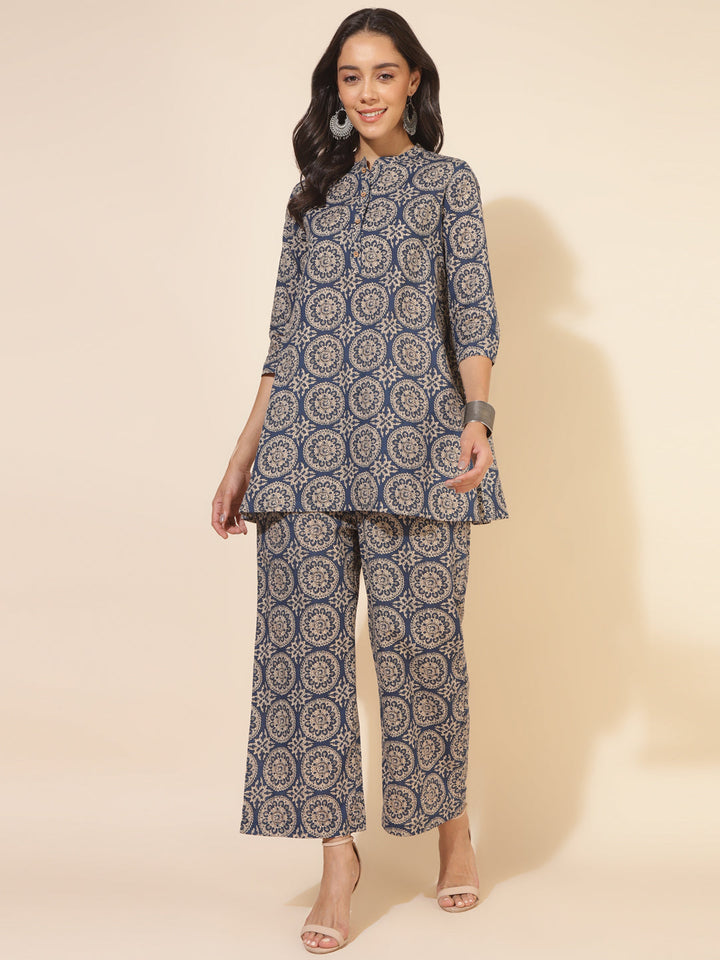 Blue Cotton Ethnic Motifs Tunics & Pant Co-Ord Set