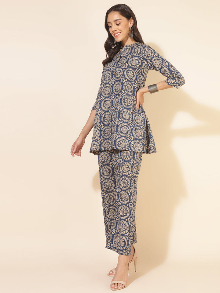 Blue Cotton Ethnic Motifs Tunics & Pant Co-Ord Set