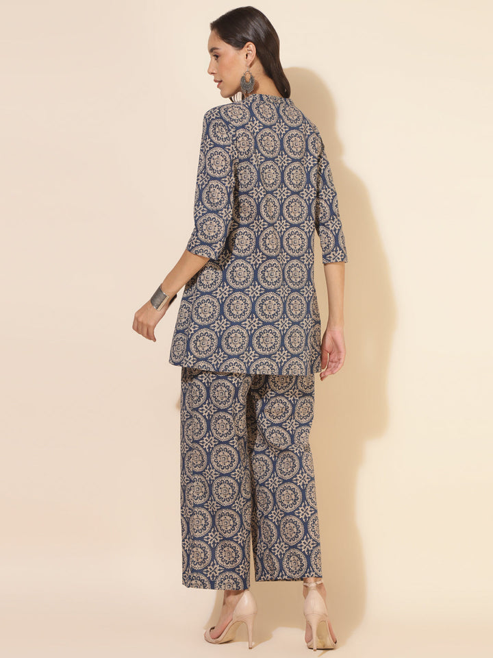 Blue Cotton Ethnic Motifs Tunics & Pant Co-Ord Set