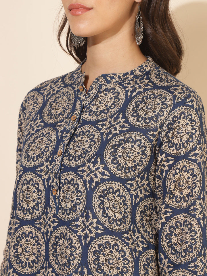 Blue Cotton Ethnic Motifs Tunics & Pant Co-Ord Set