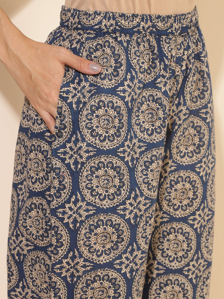 Blue Cotton Ethnic Motifs Tunics & Pant Co-Ord Set
