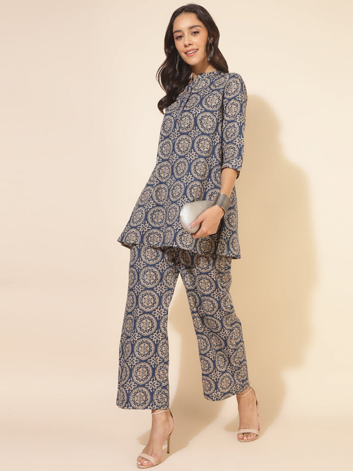 Blue Cotton Ethnic Motifs Tunics & Pant Co-Ord Set