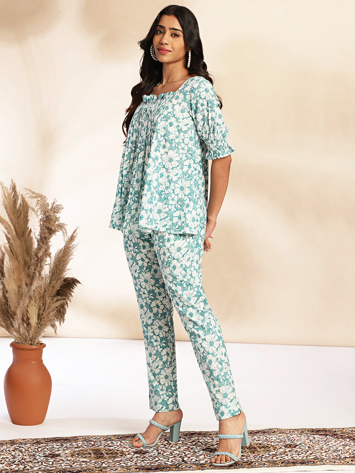 Blue Cotton Floral Printed Co-Ord Set
