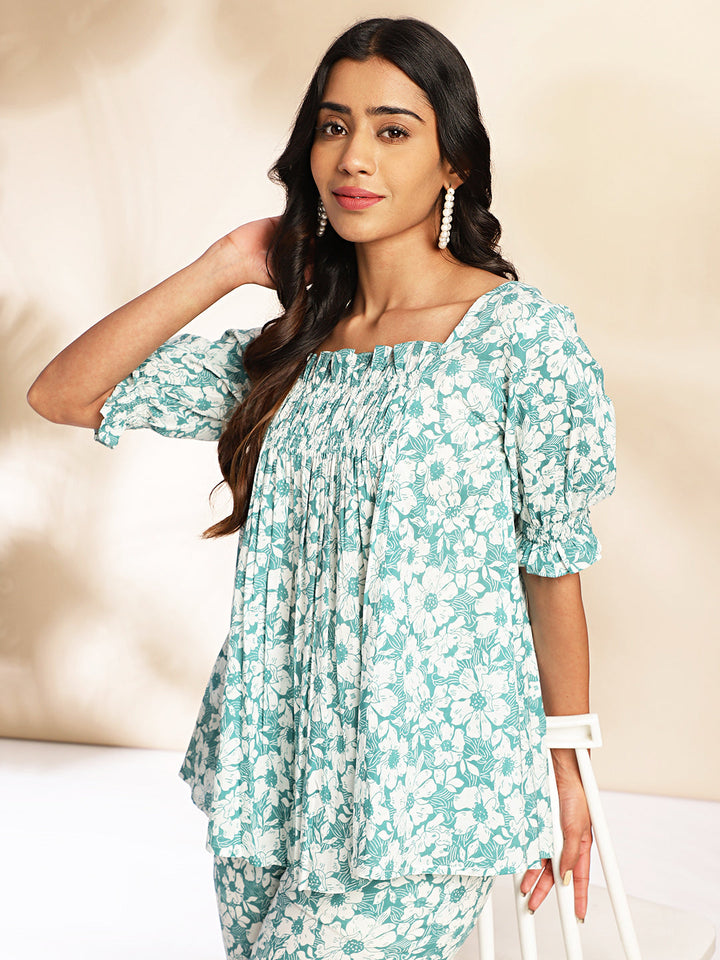 Blue Cotton Floral Printed Co-Ord Set