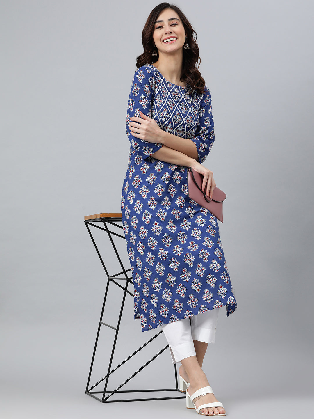 Blue Cotton Floral Print Straight Kurta