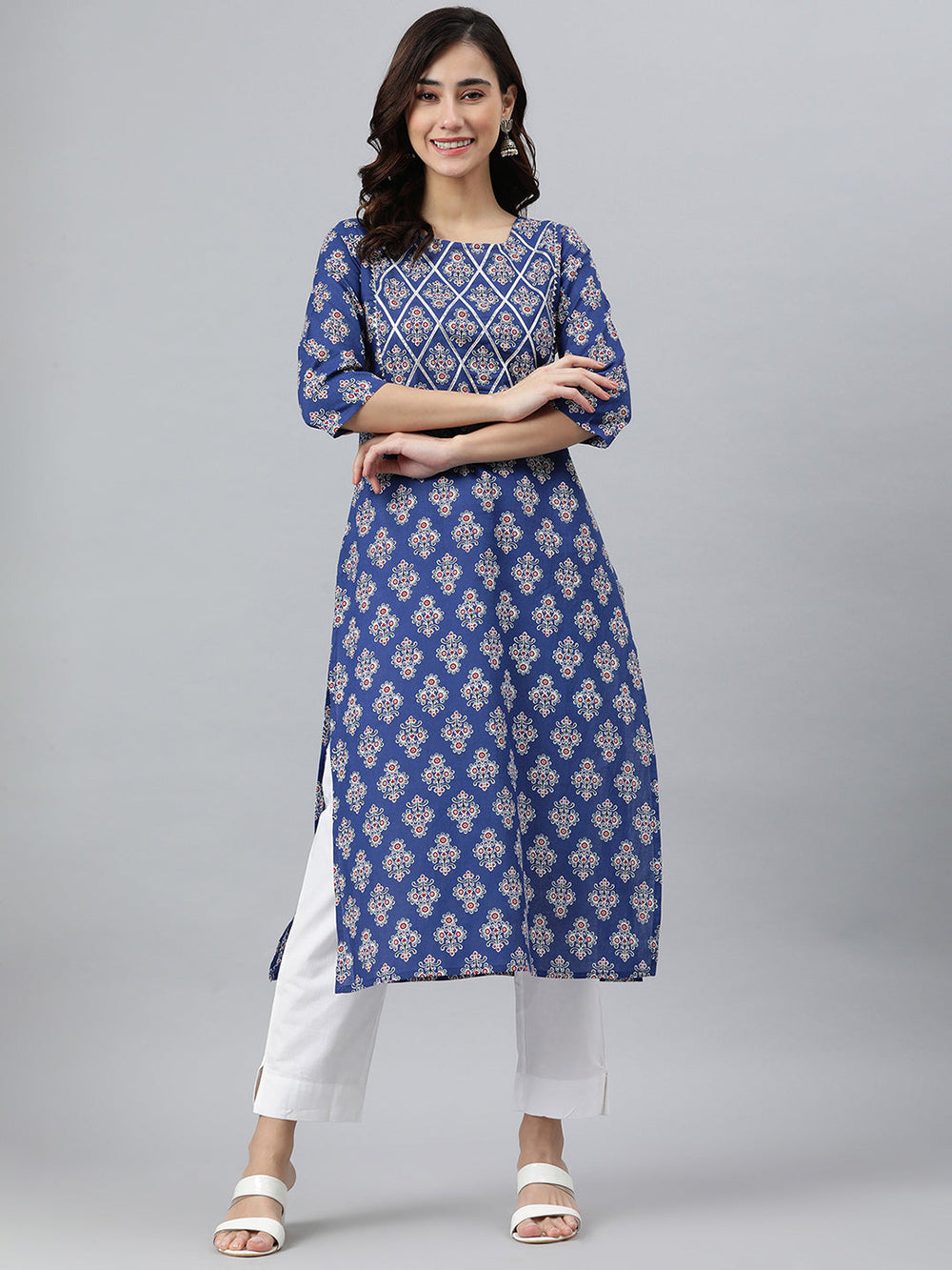 Blue Cotton Floral Print Straight Kurta