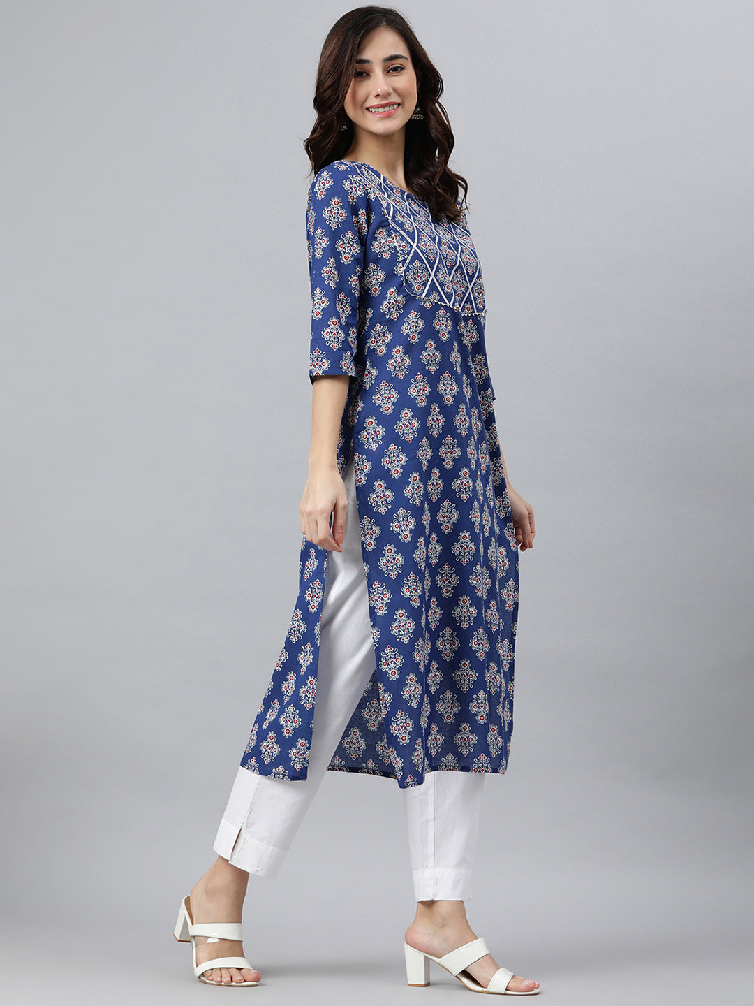 Blue Cotton Floral Print Straight Kurta