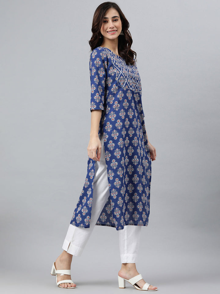 Blue Cotton Floral Print Straight Kurta