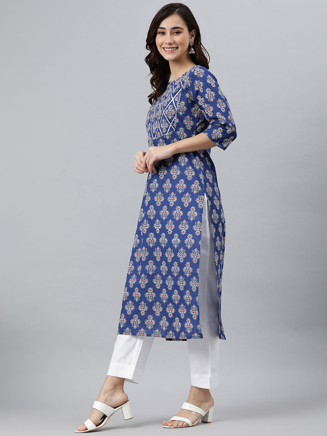 Blue Cotton Floral Print Straight Kurta