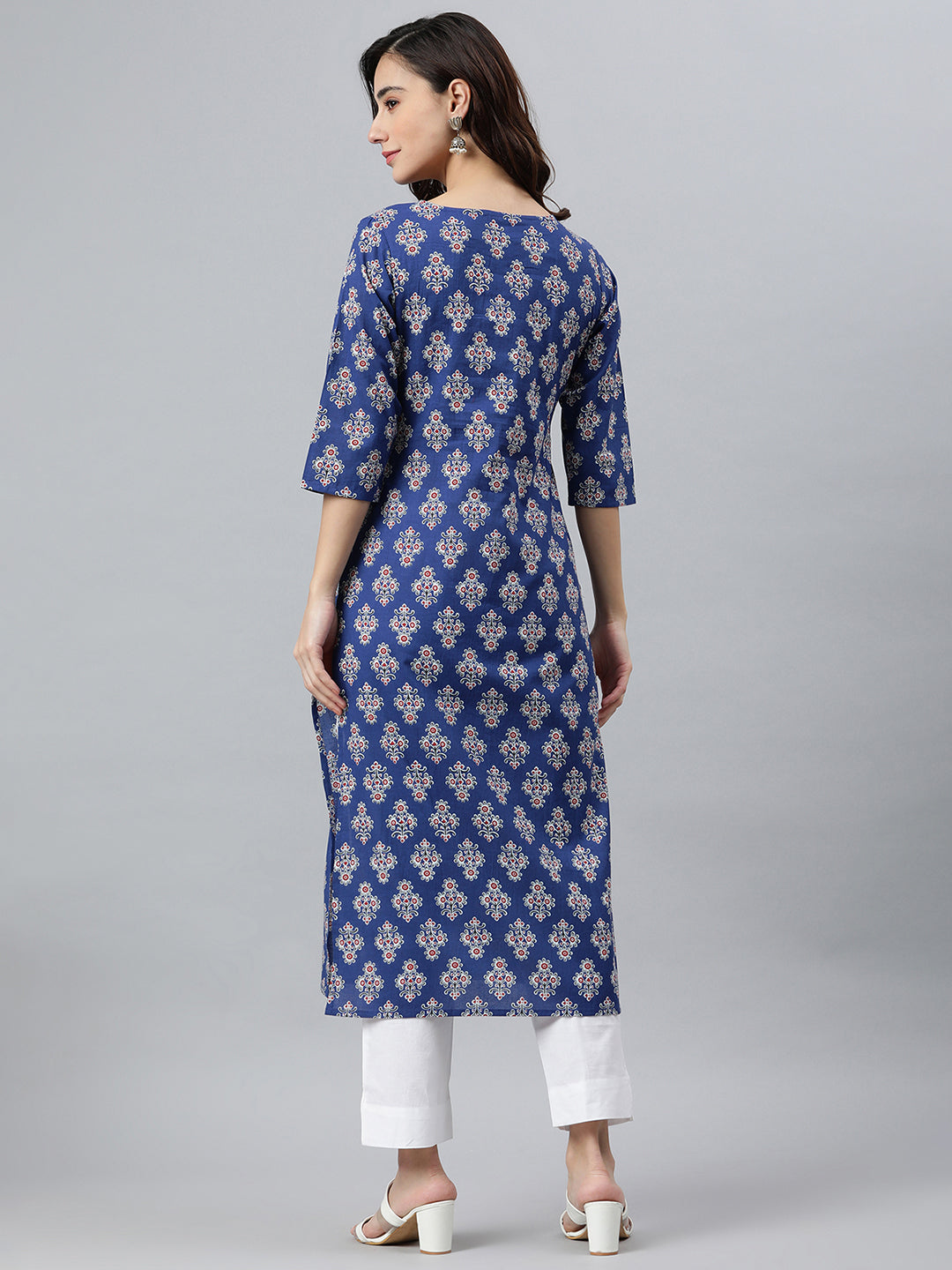 Blue Cotton Floral Print Straight Kurta