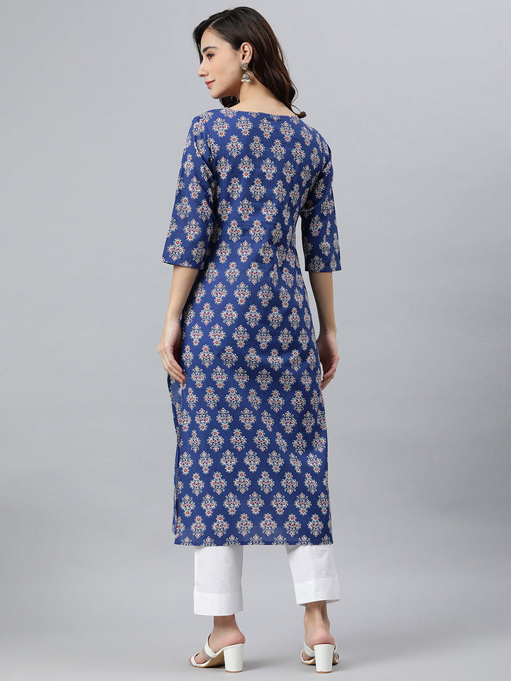 Blue Cotton Floral Print Straight Kurta