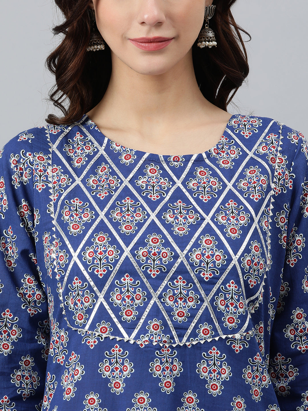 Blue Cotton Floral Print Straight Kurta