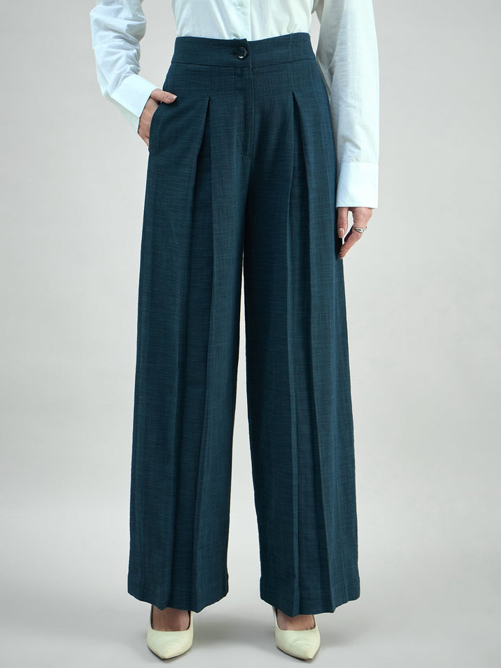 Blue-Cotton-High-Waist-Inverted-Pleat-Detail-Trouser