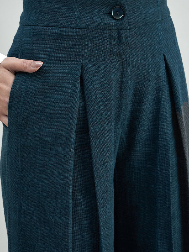 Blue-Cotton-High-Waist-Inverted-Pleat-Detail-Trouser