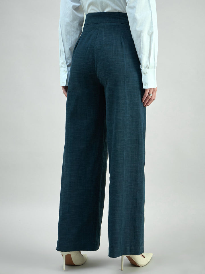 Blue-Cotton-High-Waist-Inverted-Pleat-Detail-Trouser