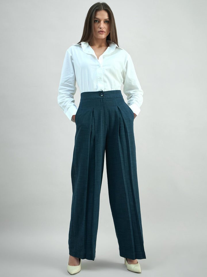 Blue-Cotton-High-Waist-Inverted-Pleat-Detail-Trouser