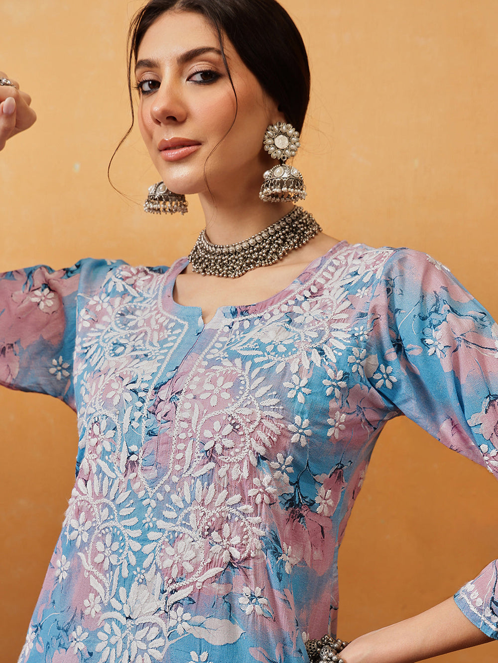 Blue-Cotton-Lucknowi-Chikankari-Printed-Kurta-Set