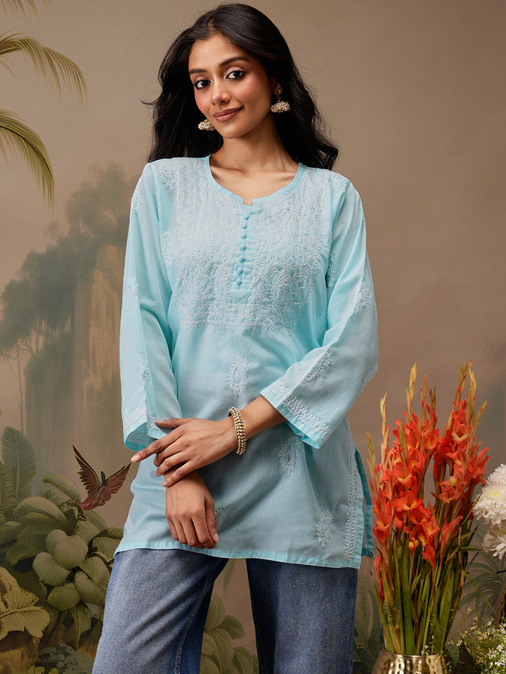 Blue Cotton 100% Original Chikankari Tunic Top