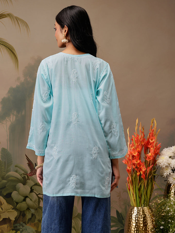 Blue Cotton 100% Original Chikankari Tunic Top
